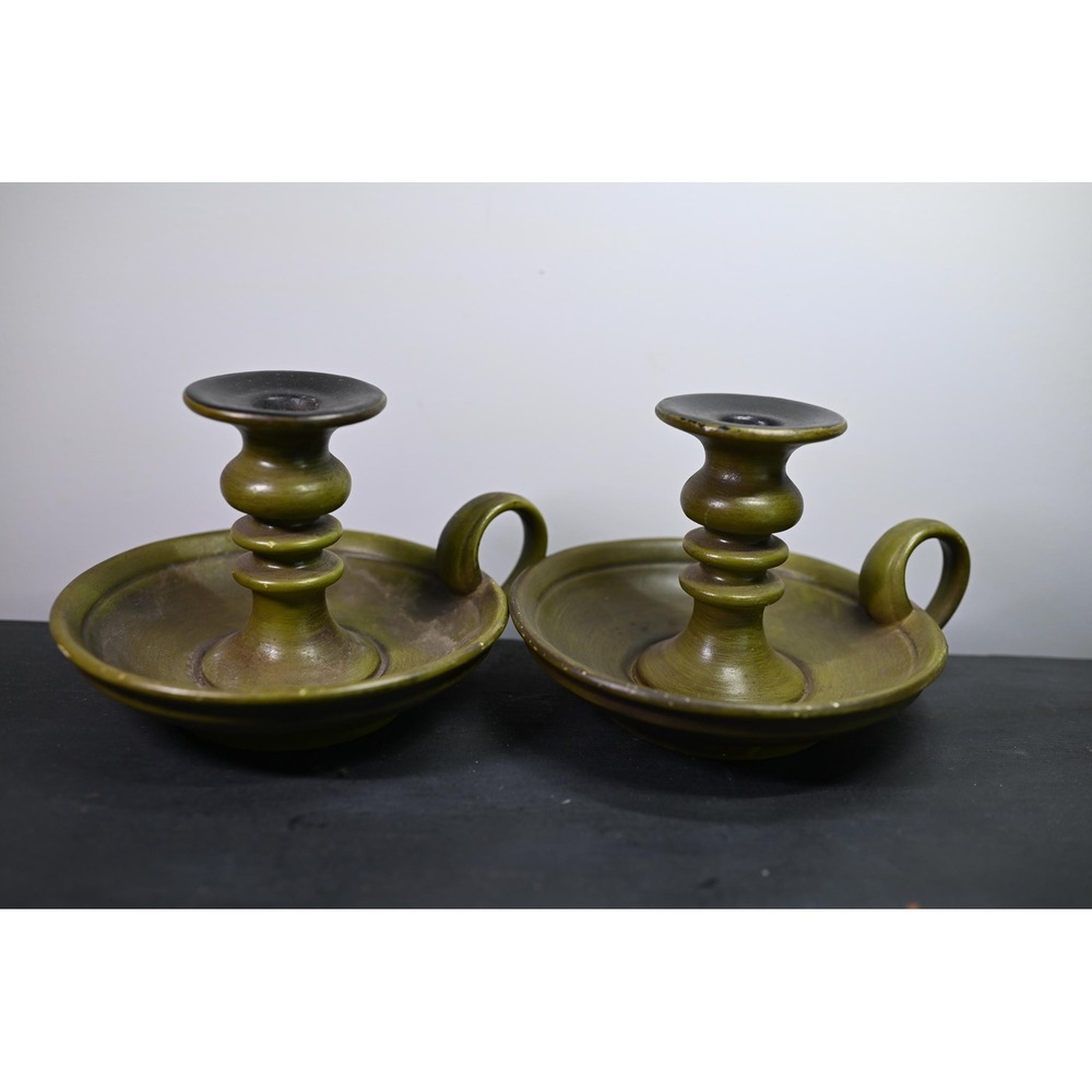 Vintage Haeger Pottery 3057 USA Candlestick Holder Set of Two Avocado Green